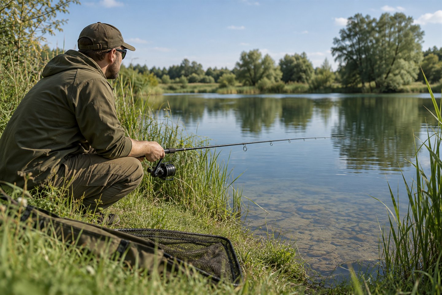 A crouching angler holding a carp rod towards a clear lake margin with a landing net nearby