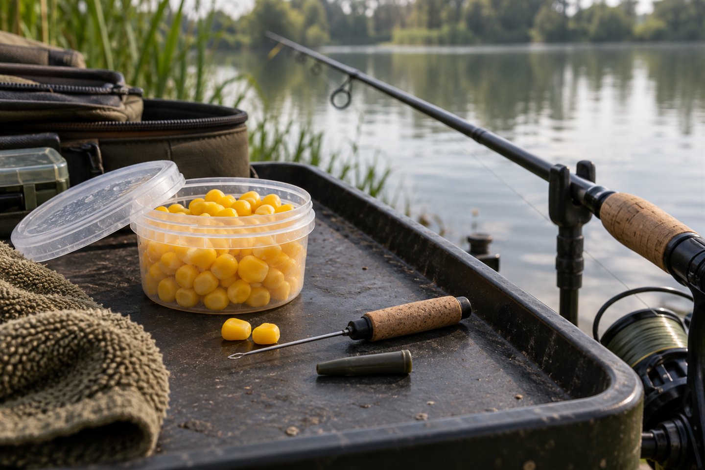A tub of yellow sweetcorn and baiting needle beside a fishing rod on a tackle tray