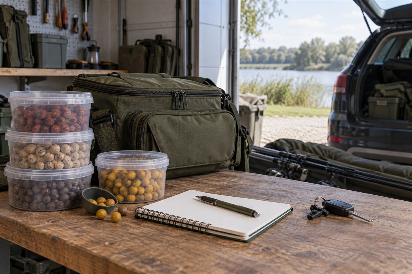 Unlabelled bait tubs, a blank notebook and fishing luggage on a bench beside a packed car
