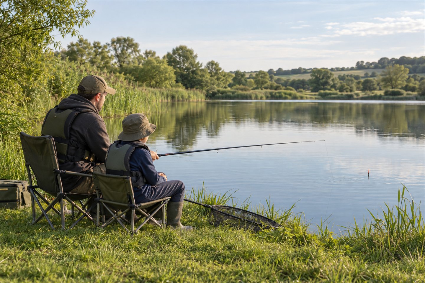 An adult and child wearing buoyancy aids and sharing a float-fishing session beside a calm lake