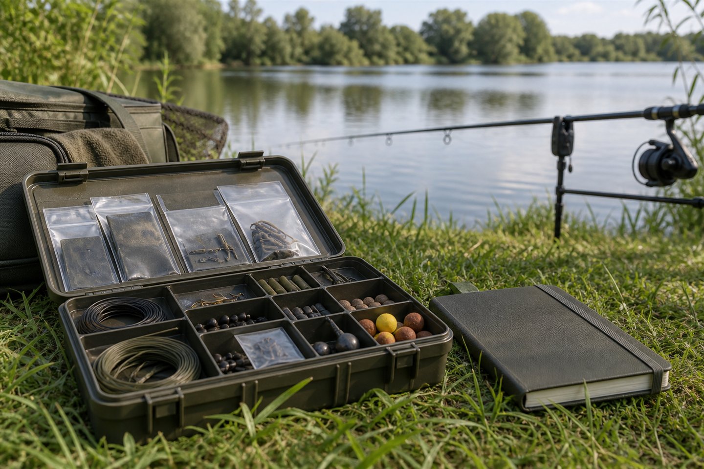 An organised tackle case and closed notebook beside a supported carp rod at a lake