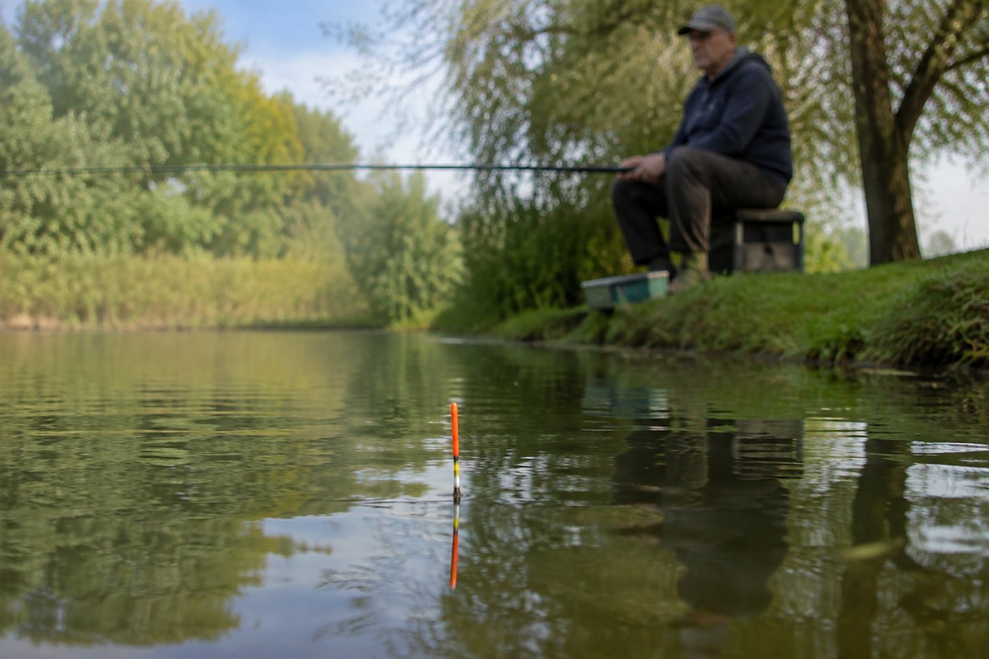 Straight and insert wagglers beside a balanced float rod setup overlooking a calm mixed coarse fishery