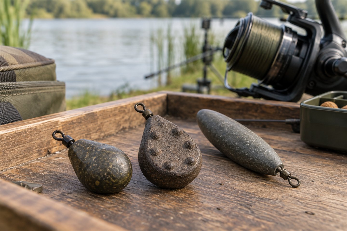 Three differently shaped carp leads on a wooden tray beside a fishing reel