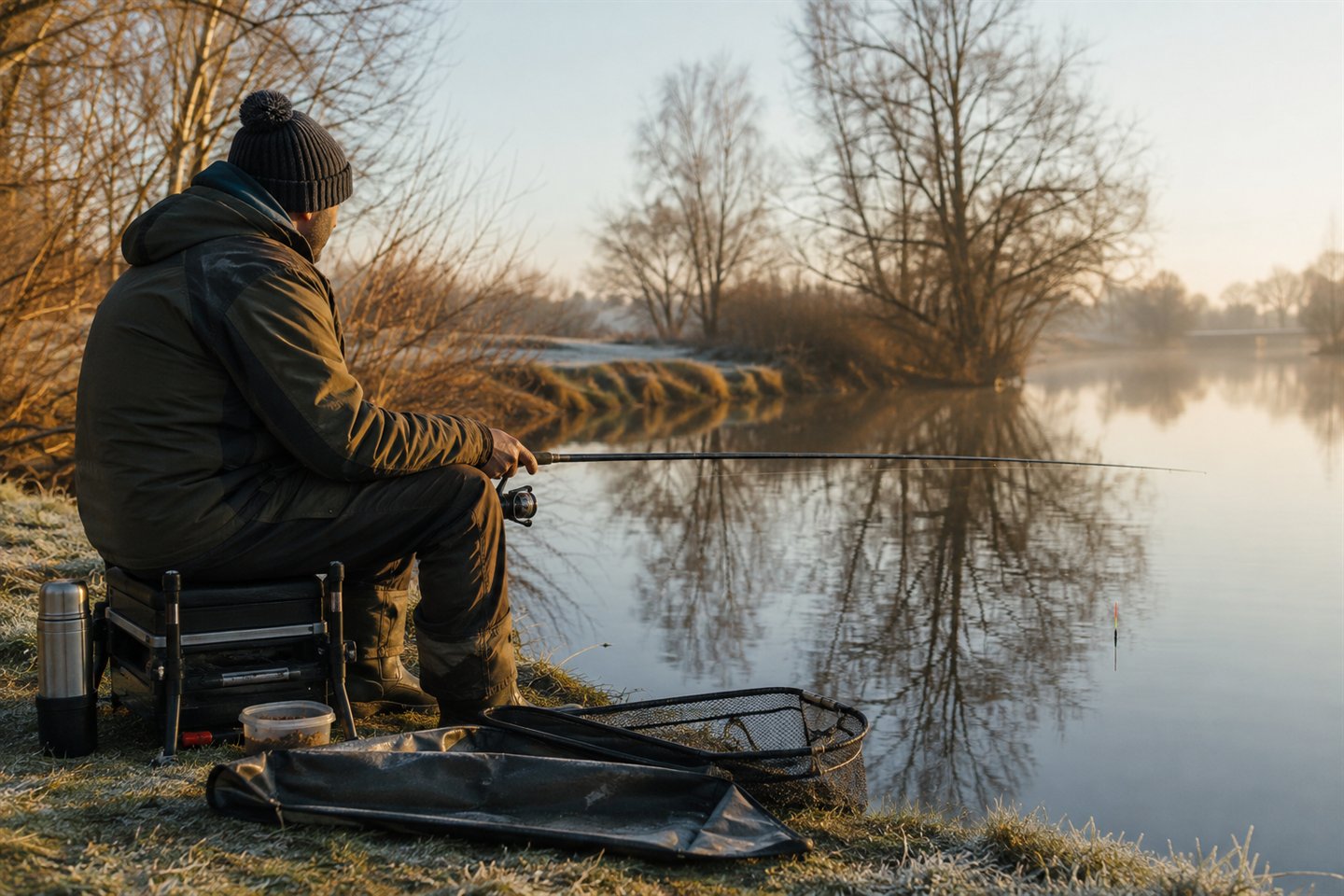 A light float and feeder setup beside a calm winter coarse fishery with frost on the bank