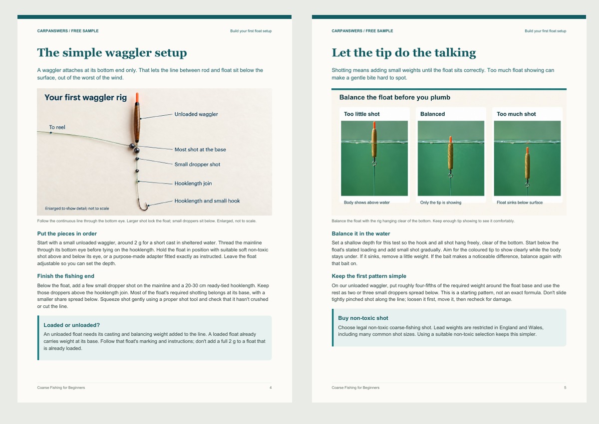 Two illustrated pages from the Coarse Fishing for Beginners free sample