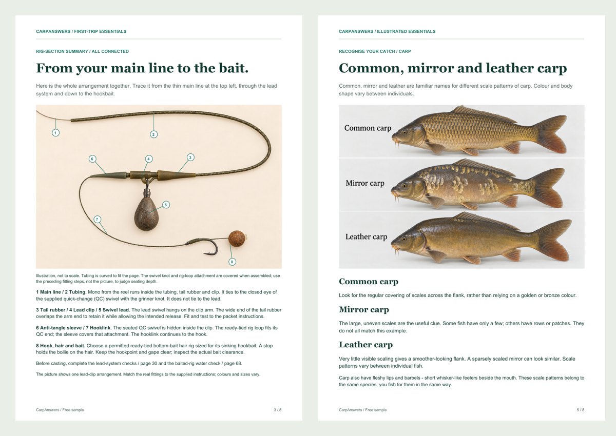 Two illustrated pages from the free sample showing a complete lead-clip rig and common, mirror and leather carp